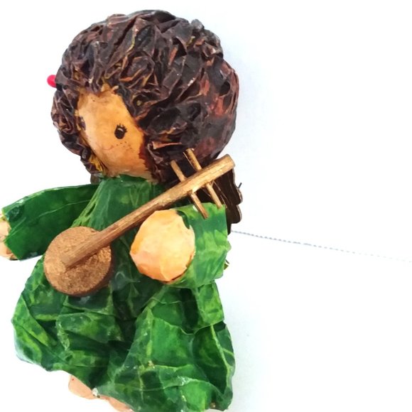 Ornament Angel VTG Christmas Paper Mache Handmade Decoupage Holly Instrument Fun - Picture 4 of 7